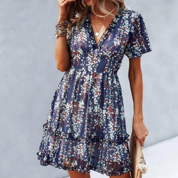 Boho Floral Print Frill Trim Dress blue Cottagecore - Picture 6 of 6